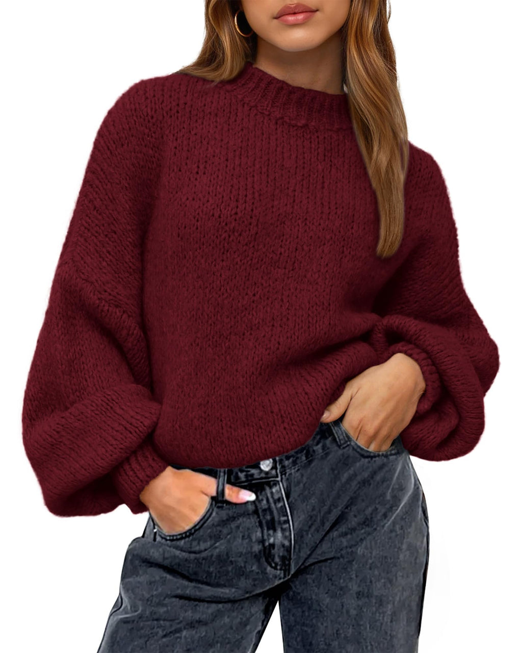 BTFBM Sweaters for Women Fall Crew Neck Lantern Long Sleeve Oversized Sweater Casual Knit Winter Pullover Tops