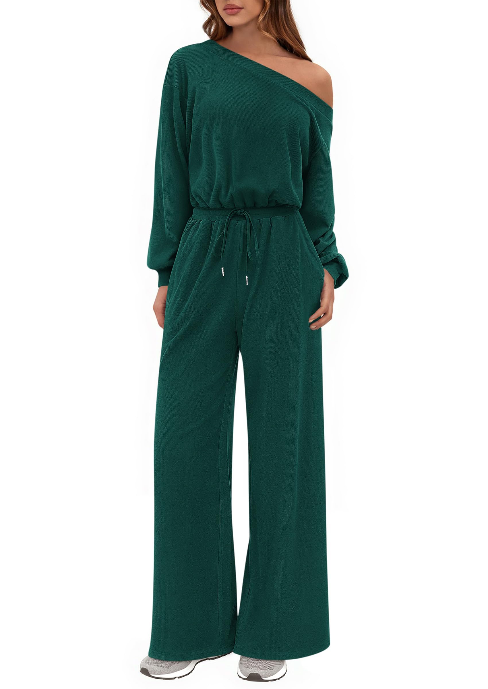 PRETTYGARDEN Long Sleeve Jumpsuit For Women Dressy Off Shoulder One Piece Loose Wide Leg Jumpsuits Casual Flowy Romper