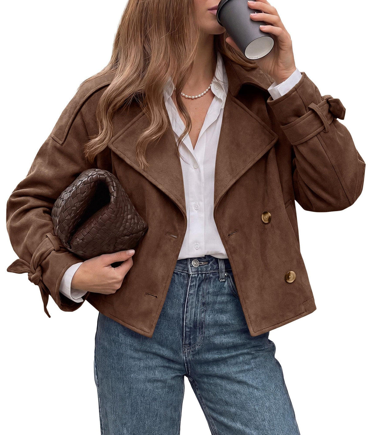 PRETTYGARDEN Women Faux Suede Double Breasted Trench Coat Cropped Jackets Raglan Long Sleeve,Lapel,Tie Cuff,Button Down,Fall Fashion Outerwear,Winter Clothes,Work Office Casual Short Jacket