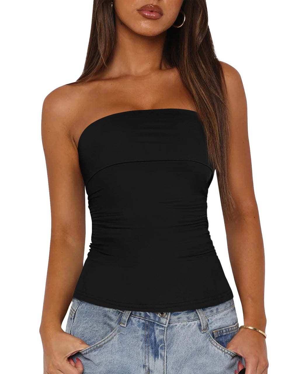 Womens Strapless Tube Tops Spring Summer Clothes Trendy Casual Ruched Stretchy Going Out Bodycon Bandeau Top