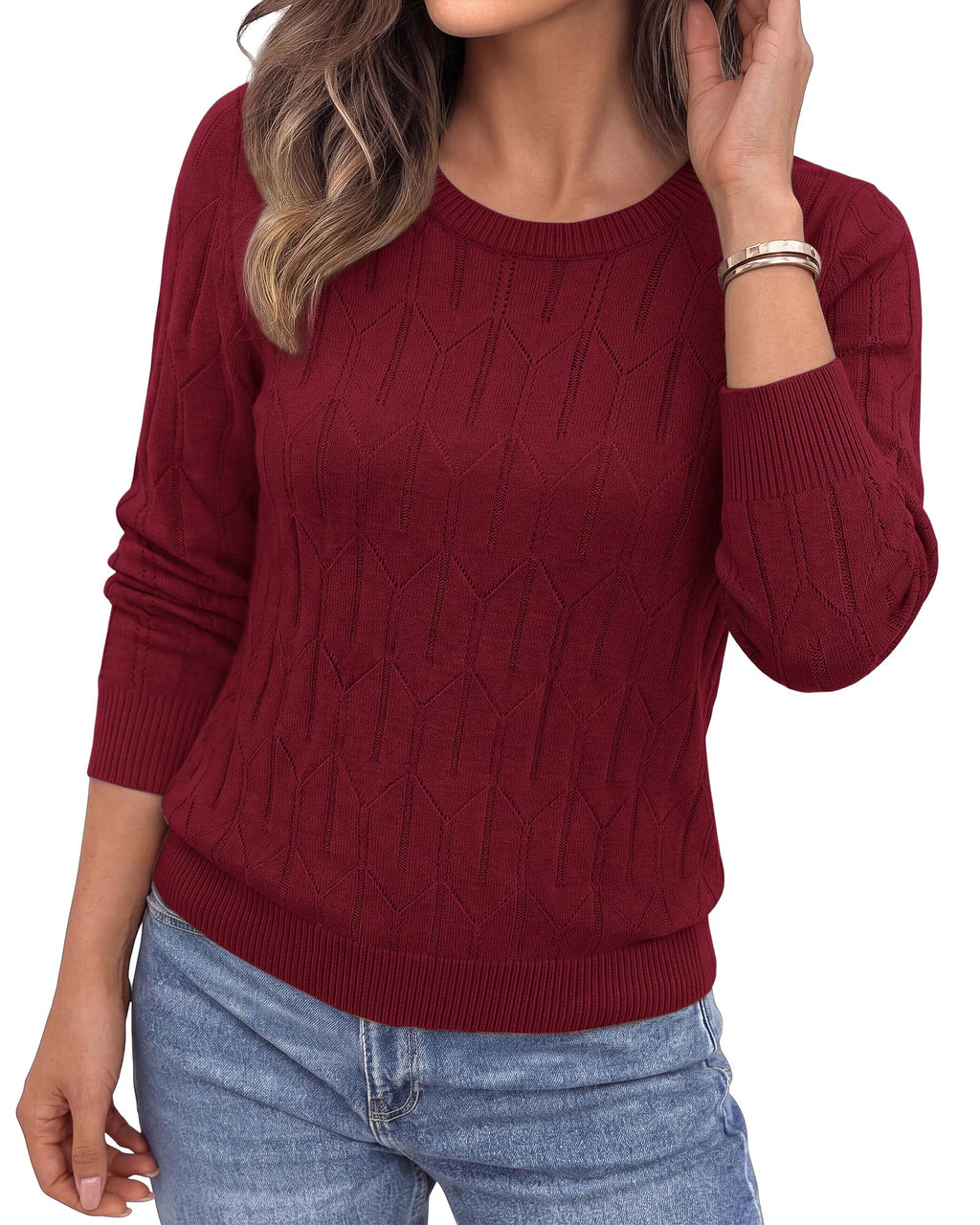 BTFBM Womens Sweaters Long Sleeve Crewneck Pullover Tops Dressy Casual Lightweight Knit Sweater,Small Hollow Out Boho Shirts, Fall Fashion,Winter Layer Basic Clothes,Business Casual Outfits