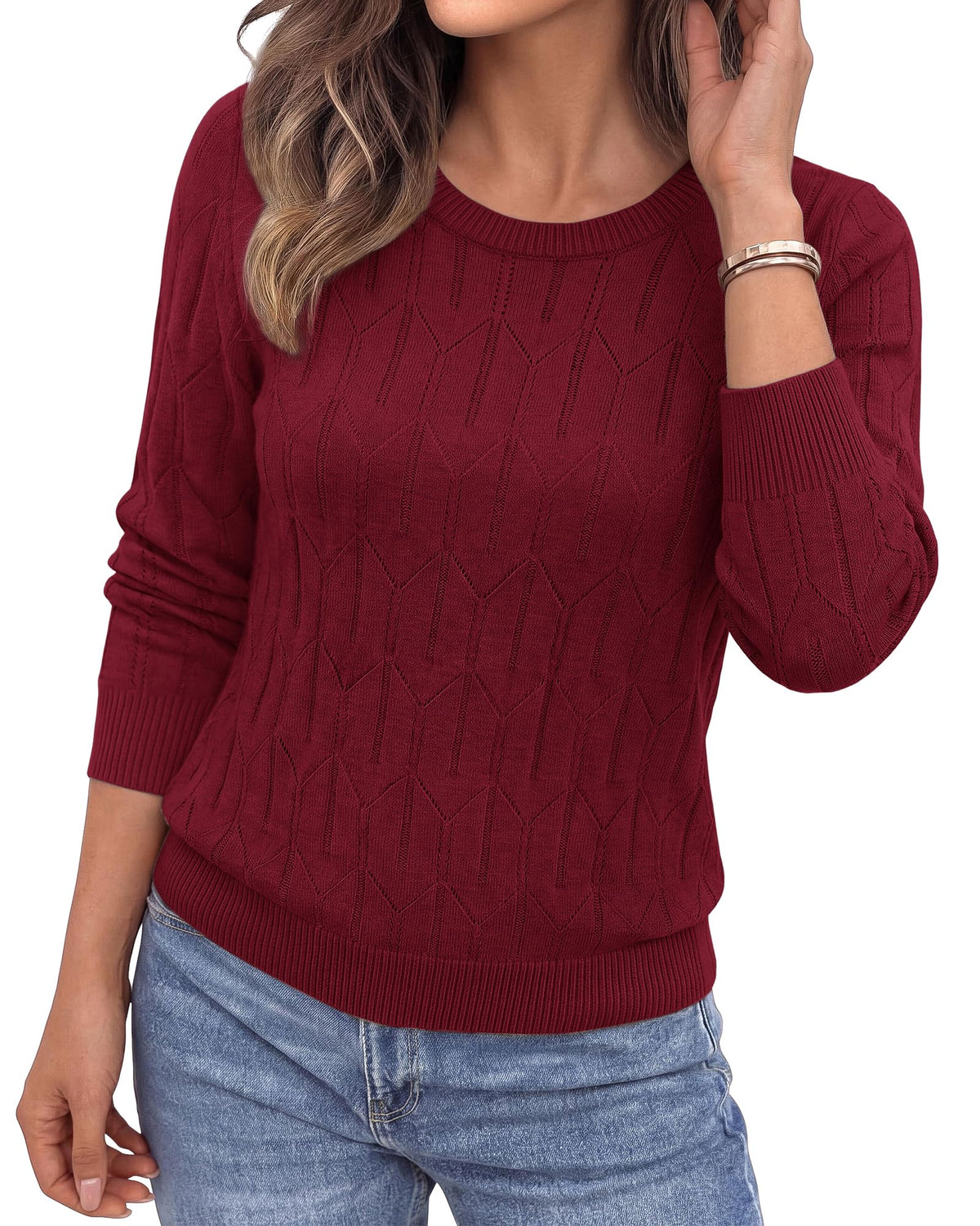 BTFBM Womens Sweaters Long Sleeve Crewneck Pullover Tops Dressy Casual Lightweight Knit Sweater,Small Hollow Out Boho Shirts, Fall Fashion,Winter Layer Basic Clothes,Business Casual Outfits