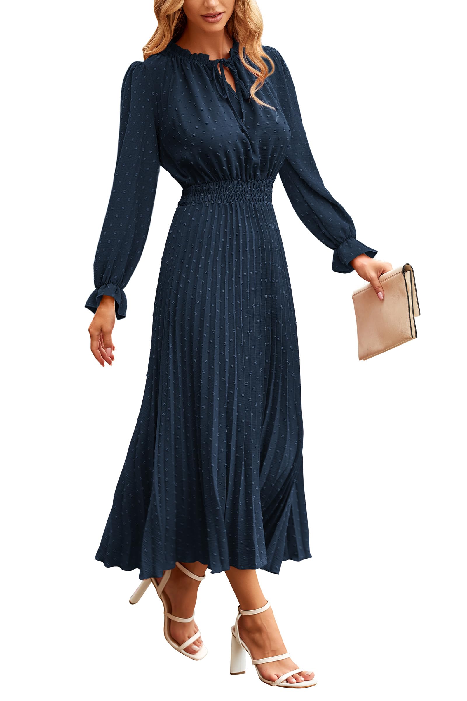 PRETTYGARDEN Women's Spring Fall Midi Dress Casual Long Sleeve V Neck Swiss Dot Pleated A Line Flowy Dresses