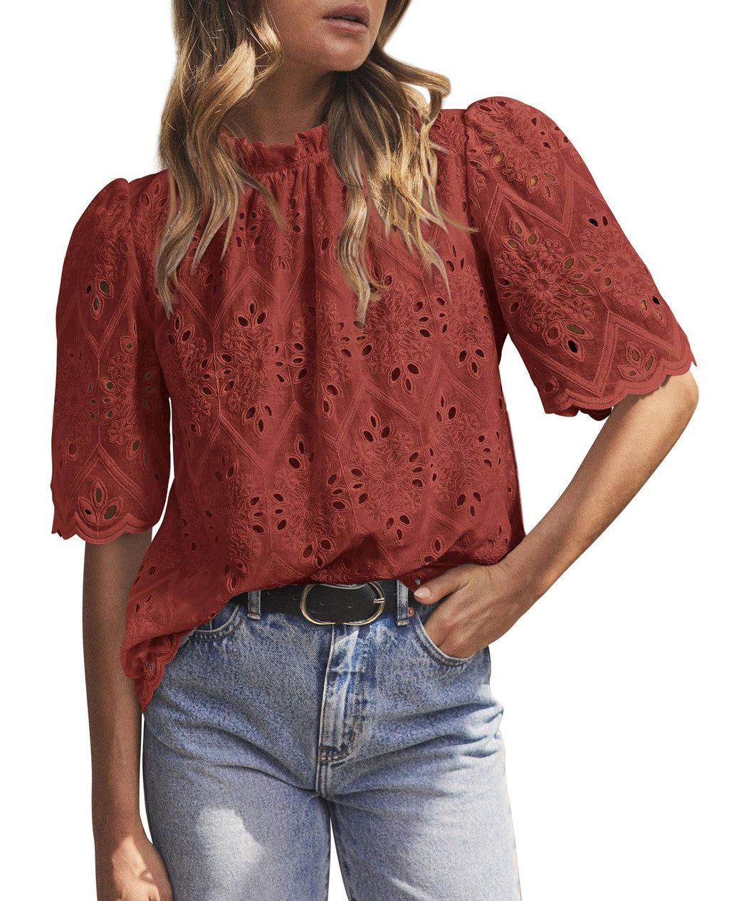 PRETTYGARDEN Womens Summer Tops Trendy Short Sleeve Eyelet Embroidered Dressy Casual Blouse Shirts