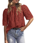 PRETTYGARDEN Womens Summer Tops Trendy Short Sleeve Eyelet Embroidered Dressy Casual Blouse Shirts