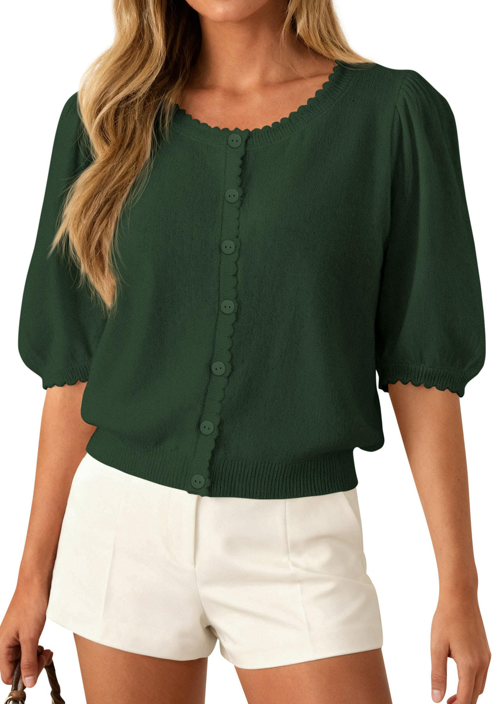 PRETTYGARDEN Puff Short Sleeve Cardigans for Women Lightweight Summer Shirts Button Up Knit Sweater Tops Spring Clothes