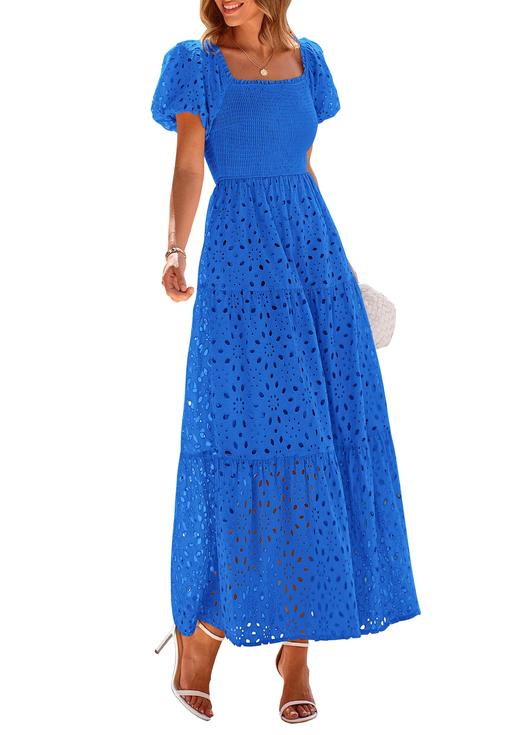 PRETTYGARDEN Summer Dresses for Women Eyelet Square Neck Puff Sleeve Smocked Wedding Guest Maxi Dress with Pockets