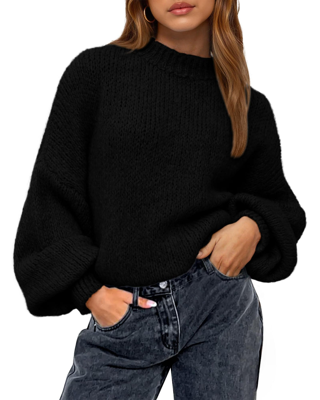 BTFBM Sweaters for Women Fall Crew Neck Lantern Long Sleeve Oversized Sweater Casual Knit Winter Pullover Tops