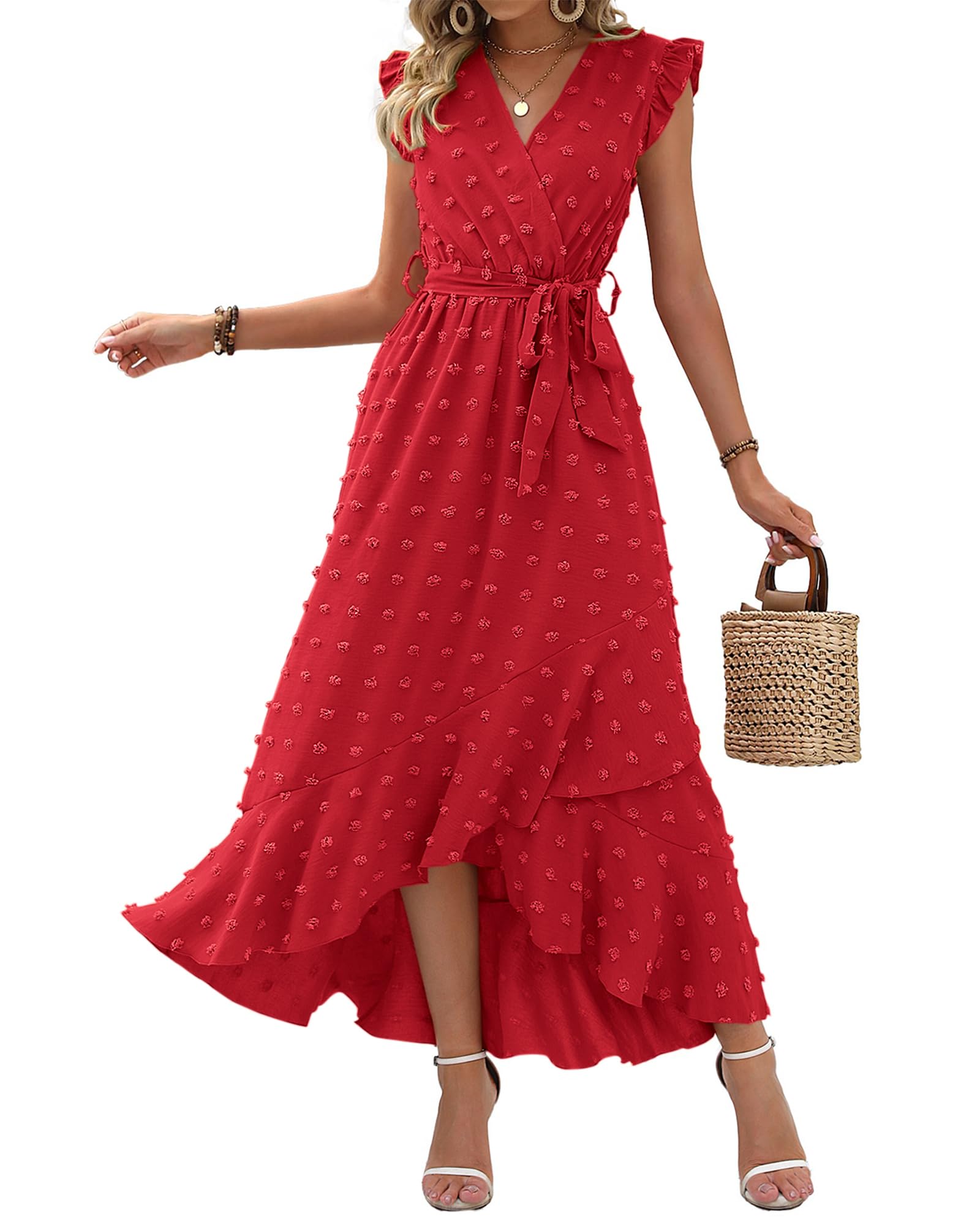 BTFBM Boho Dresses for Women Spring Fashion Cap Sleeve Swiss Dot Flowy Ruffle Beach Wedding Cocktail Maxi Dress