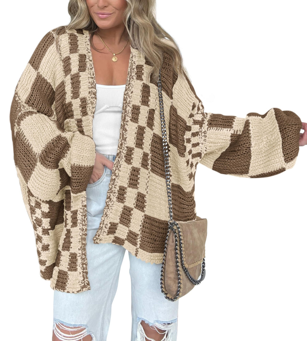 BTFBM Casual Cardigan Sweater for Women Fall Long Sleeve Sweaters Fall Outfits, Loose Fit,Solid,Open Front Chunky Knit Sweaters,Chunky Cardigan Sweaters For Women,Checkered Outwear Coat