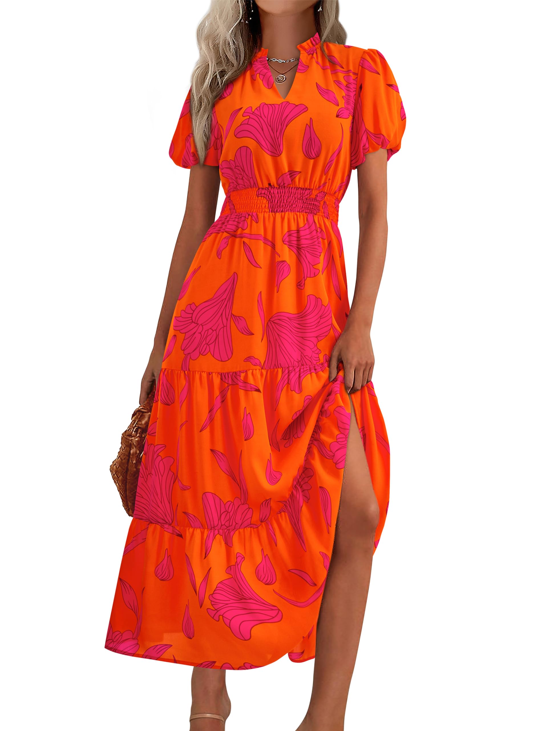 PRETTYGARDEN Summer Maxi Dresses for Women  Casual V Neck Puff Short Sleeve Smocked Flowy Beach Boho Long Floral Dress
