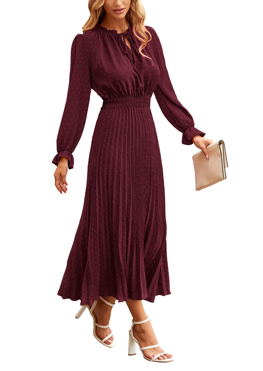PRETTYGARDEN Women's Spring Fall Midi Dress Casual Long Sleeve V Neck Swiss Dot Pleated A Line Flowy Dresses