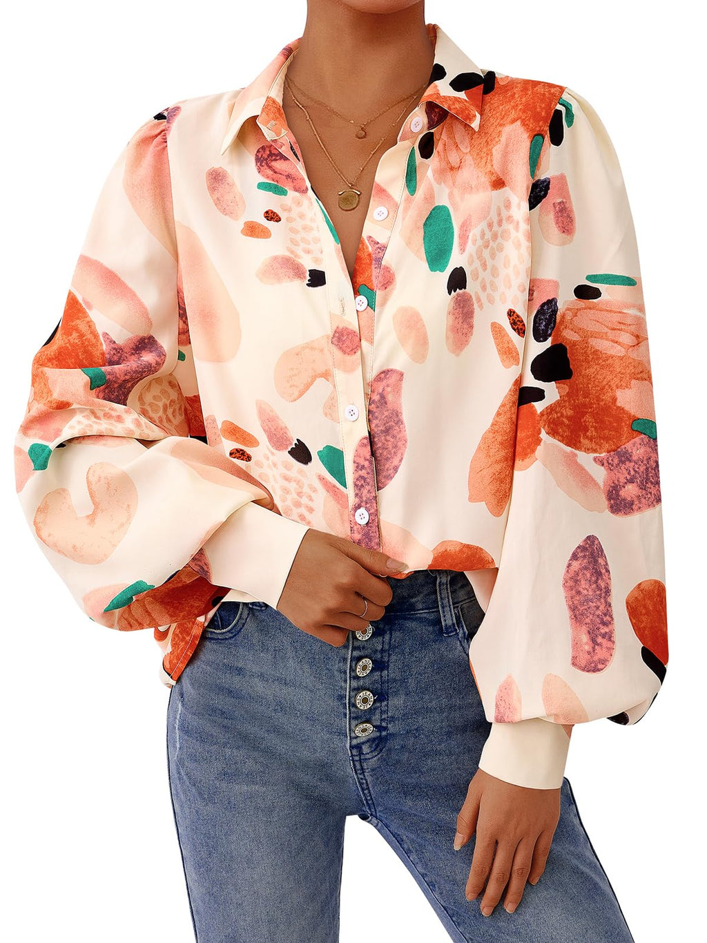 PRETTYGARDEN Women's Floral Blouses Dressy Casual V Neck Button Down Shirts Lantern Long Sleeve Boho Chiffon Spring Tops