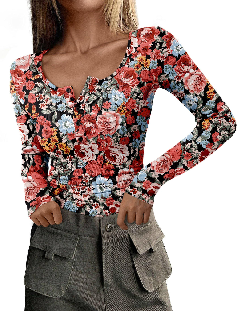 PRETTYGARDEN Women's Fall Long Sleeve Henley T Shirts Button Ribbed Knit Slim Fit Basic Tops Blouse Casual Outfits