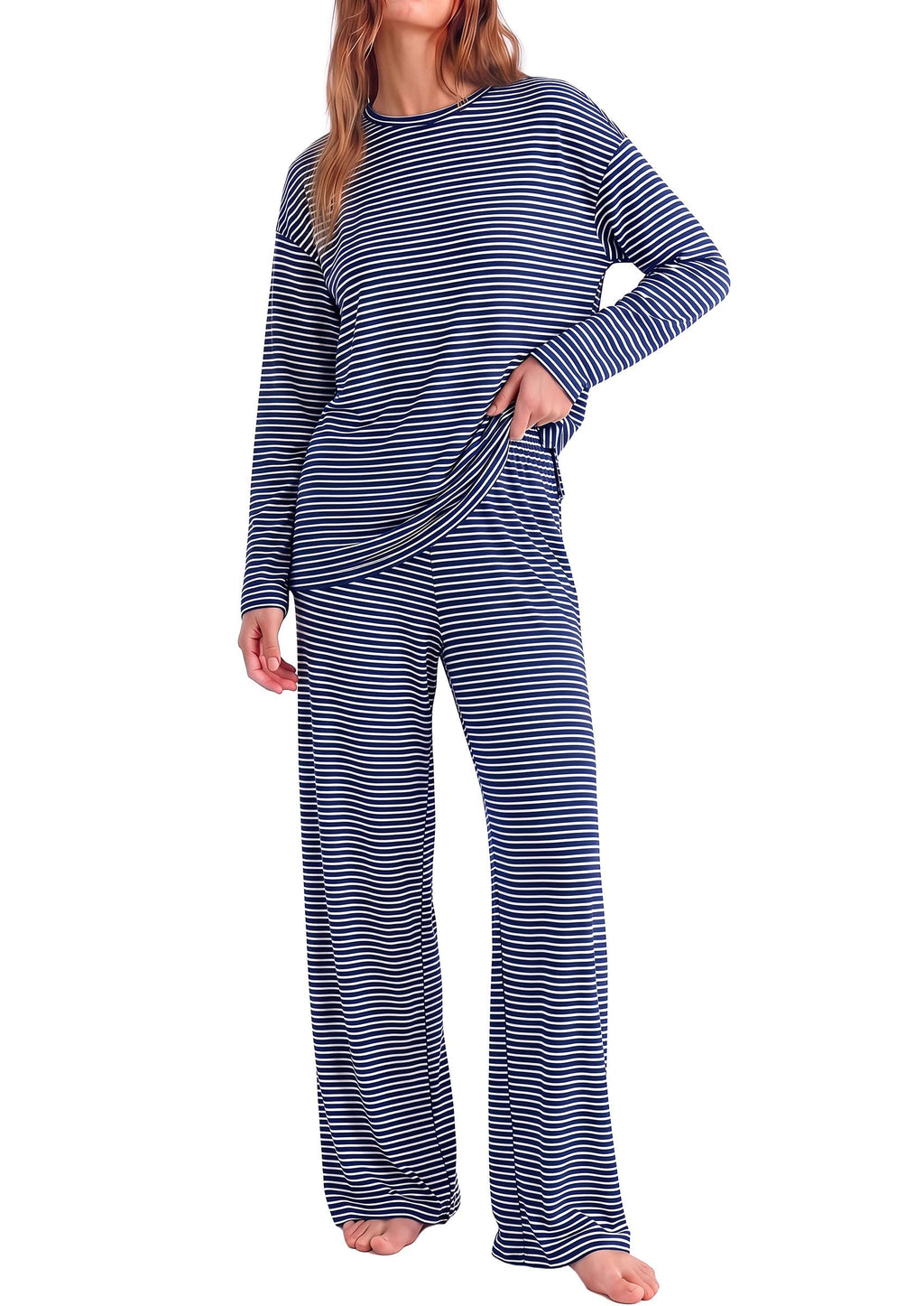 PRETTYGARDEN Womens Striped Lounge Set Fall Winter 2 Piece Sets Side Slit Long Sleeve T-Shirts & Wide Leg Pants, Matching Pajama Sets, Comfy Pj Set, Loungewear with Pockets, Fashion Clothes