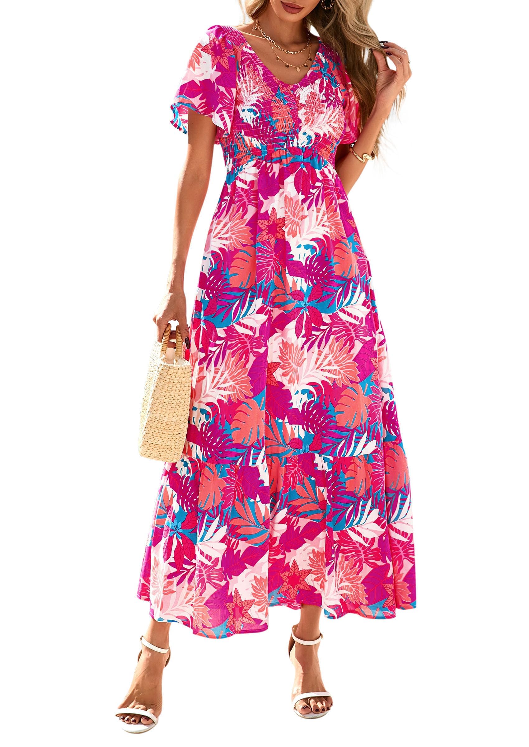 PRETTYGARDEN Boho Dresses for Women Summer Floral Short Sleeve V Neck Smocked Flowy Beach Vacation Maxi Dress