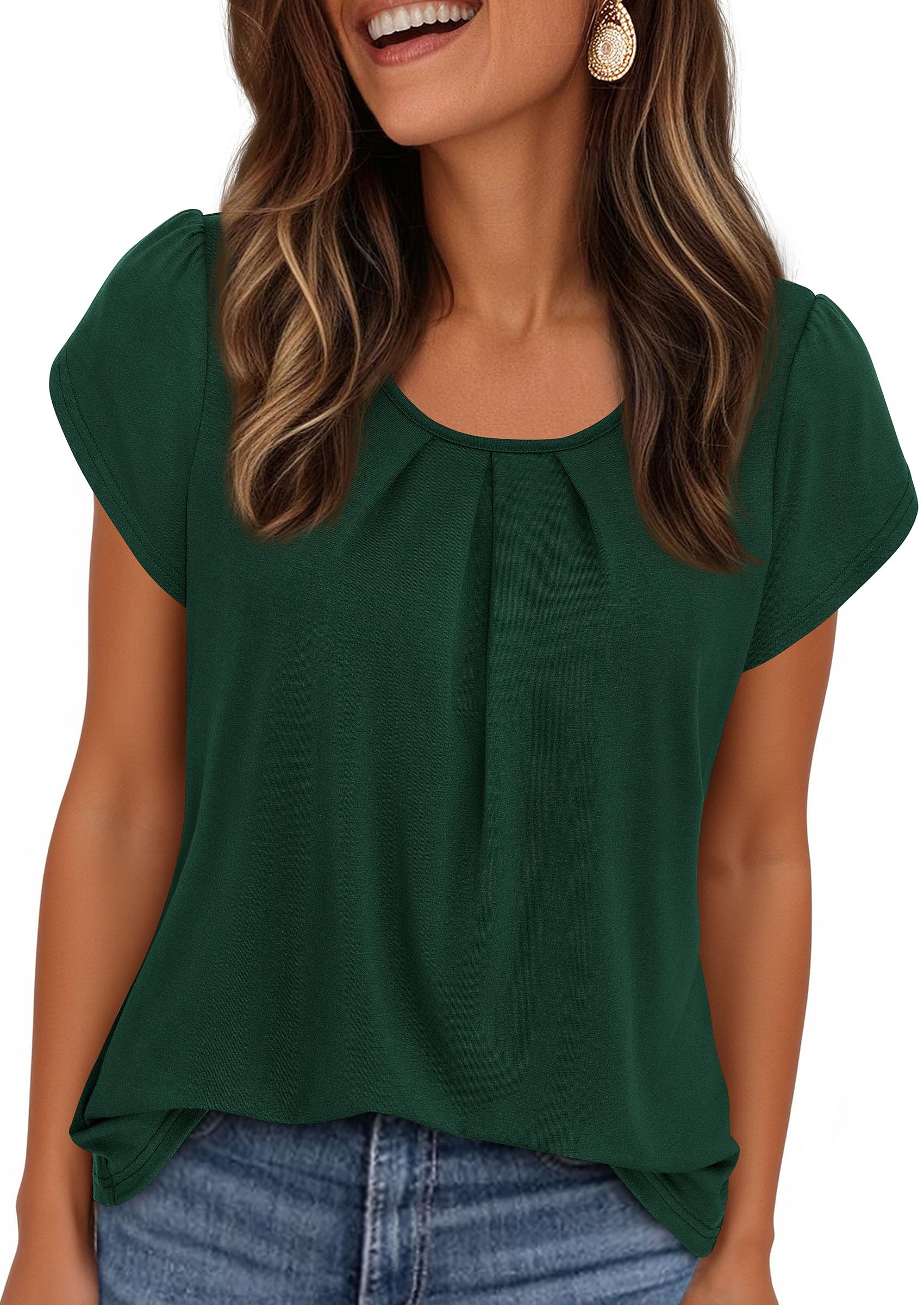 PRETTYGARDEN Womens Tops Dressy Casual Summer Short Sleeve Blouses Crew Neck Pleated Basic T Shirts Spring Clothes
