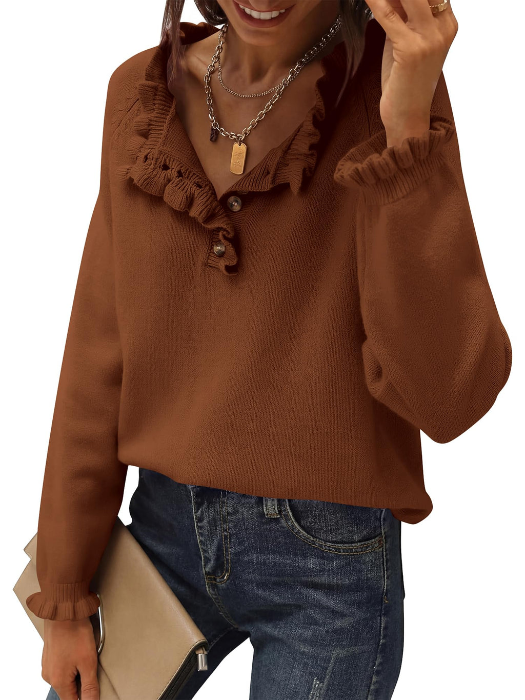 BTFBM Womens Sweaters Fall Winter Clothes Long Sleeve Button Down Ruffle Crew Neck Casual Knitted Pullover Tops