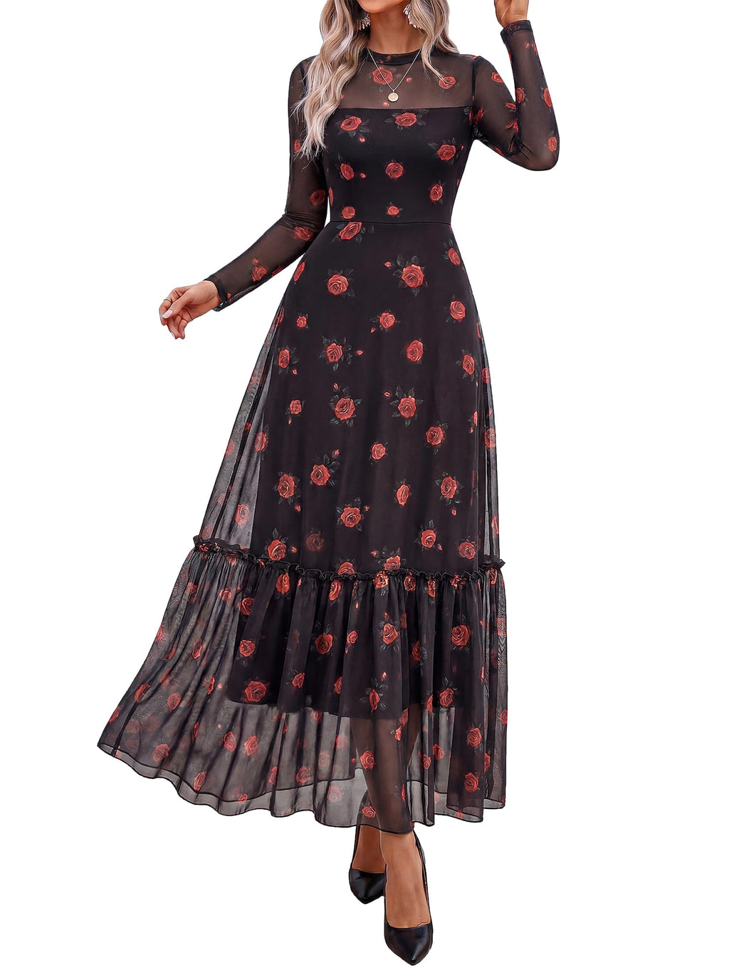 BTFBM Boho Mesh Long Sleeve Dress for Women | Mock Neck, Floral, A Line, Tiered, Graduation, Wedding, Cocktail Maxi Dresses, Fall Fashion, Resort Wear