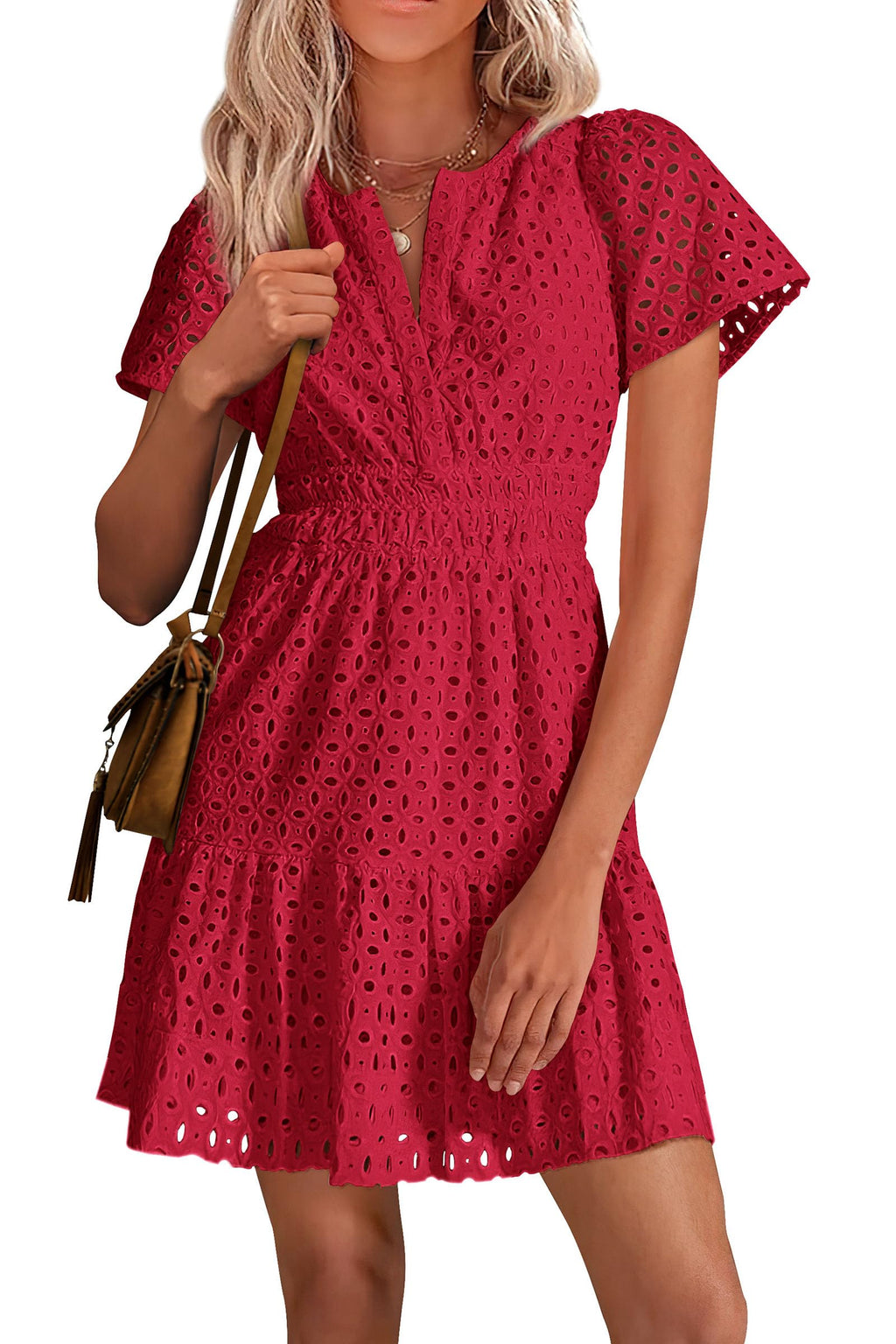 PRETTYGARDEN Womens Summer Short Dress V Neck Short Sleeve A Line Hollow Out Lace Ruffle Cute Casual Beach Party Dresses