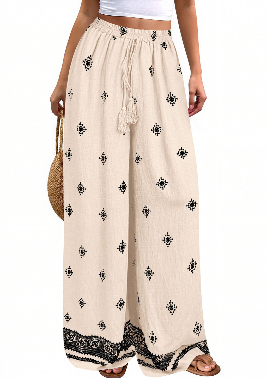PRETTYGARDEN Women's Wide Leg Palazzo Pants Summer Boho Floral Trousers Spring Flowy Beach Vacation Clothes Resort Wear