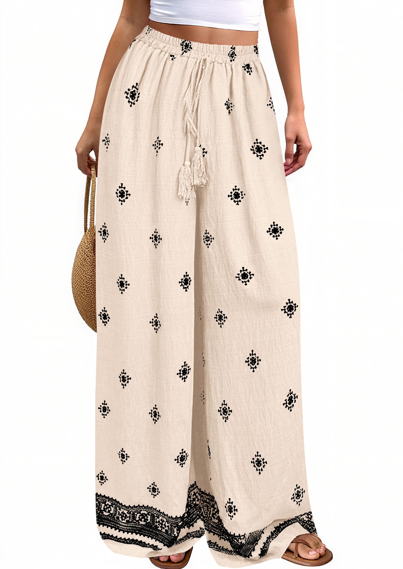 PRETTYGARDEN Women's Wide Leg Palazzo Pants Summer Boho Floral Trousers Spring Flowy Beach Vacation Clothes Resort Wear