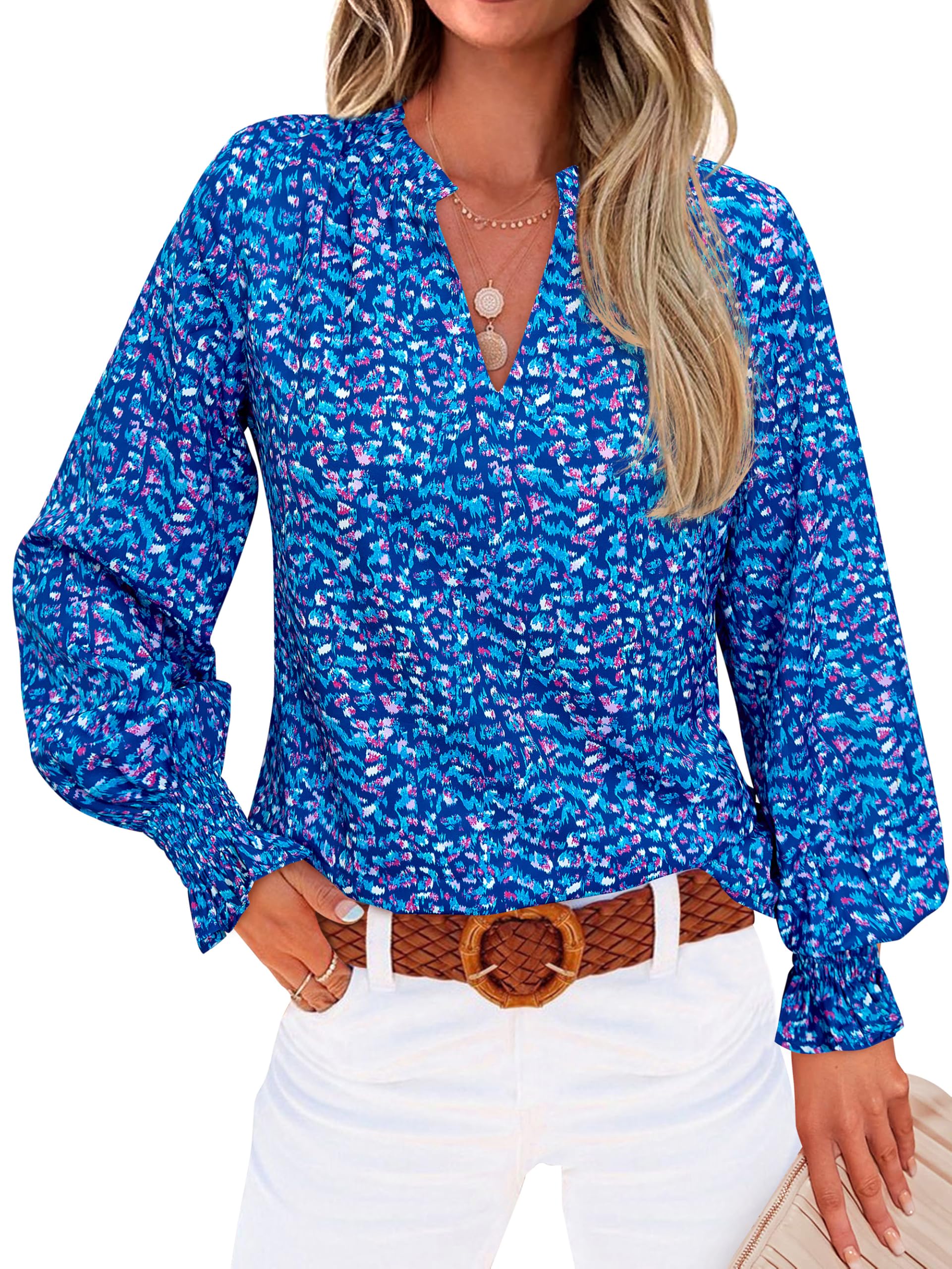 FreshPretty Womens V Neck Floral Long Sleeve Tops Summer Casual Loose Puff Sleeve Chiffon Boho Work Blouse Dressy T Shirts