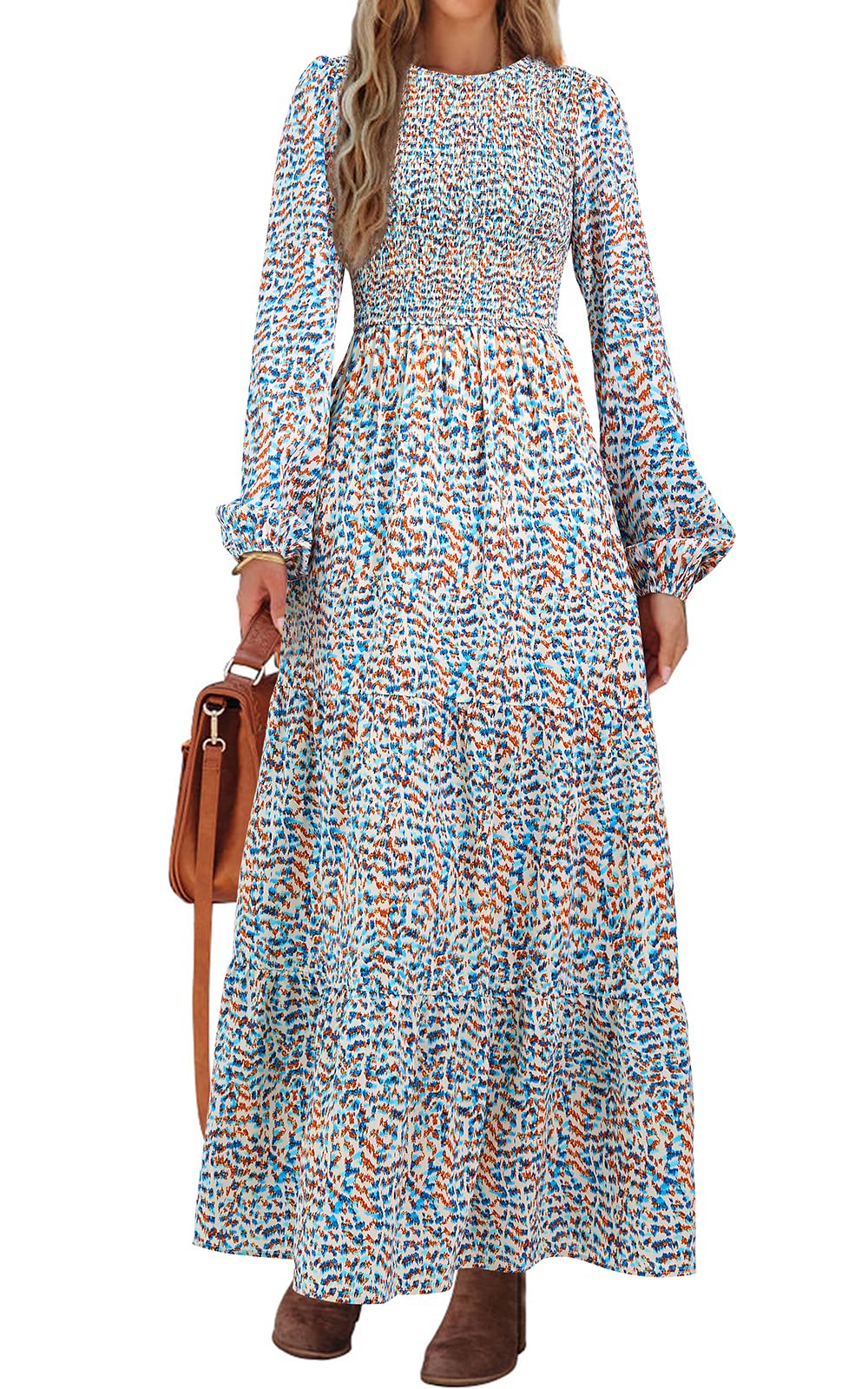 PRETTYGARDEN Women's Fall Dresses Long Sleeve Flowy Casual Floral Maxi Dress Crew Neck Smocked Tiered Long Dress