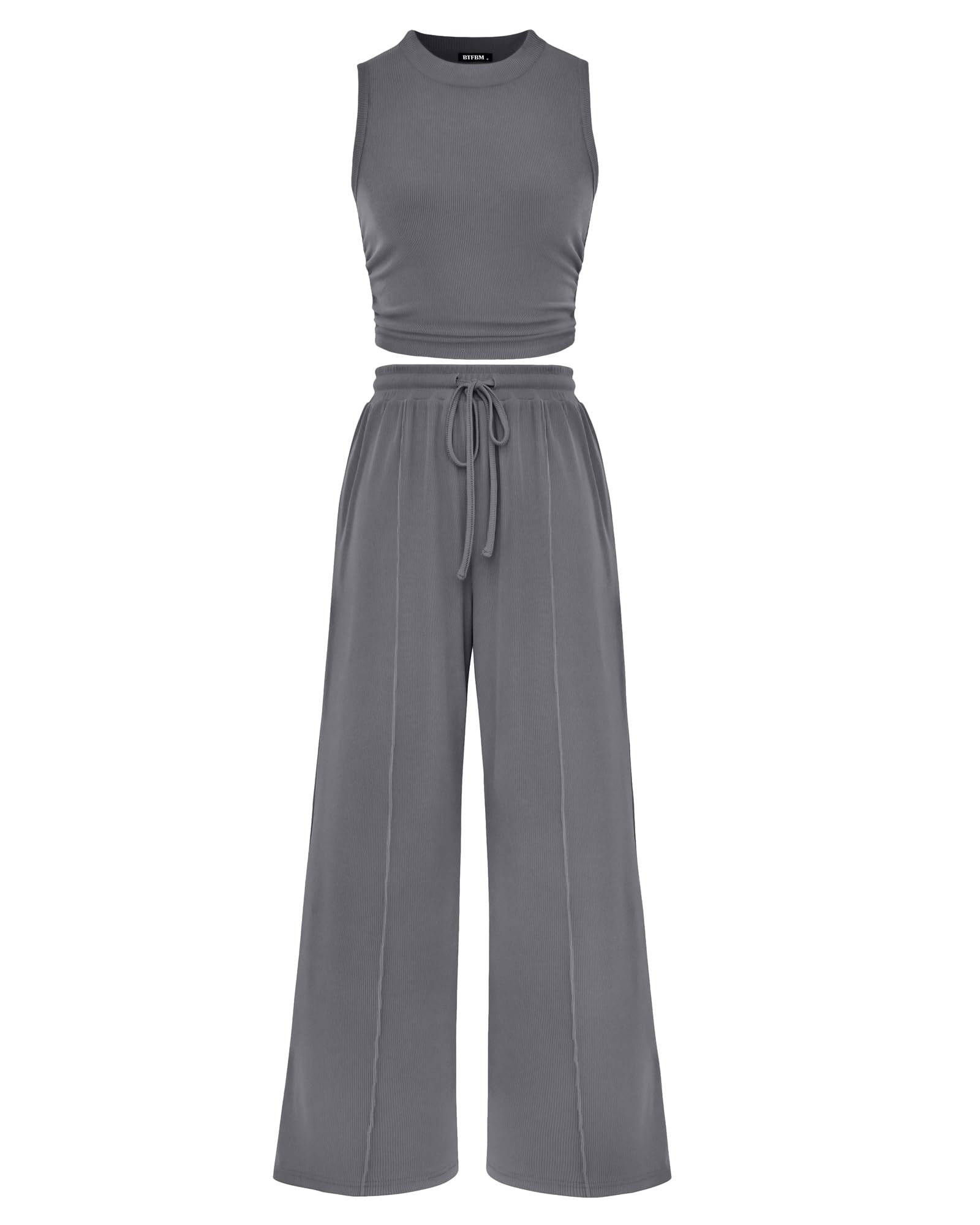 BTFBM Summer Outfits For Women Cropped Sleeveless Tank Tops Wide Leg Pants 2 Piece Sets Beach Lounge Set Clothing