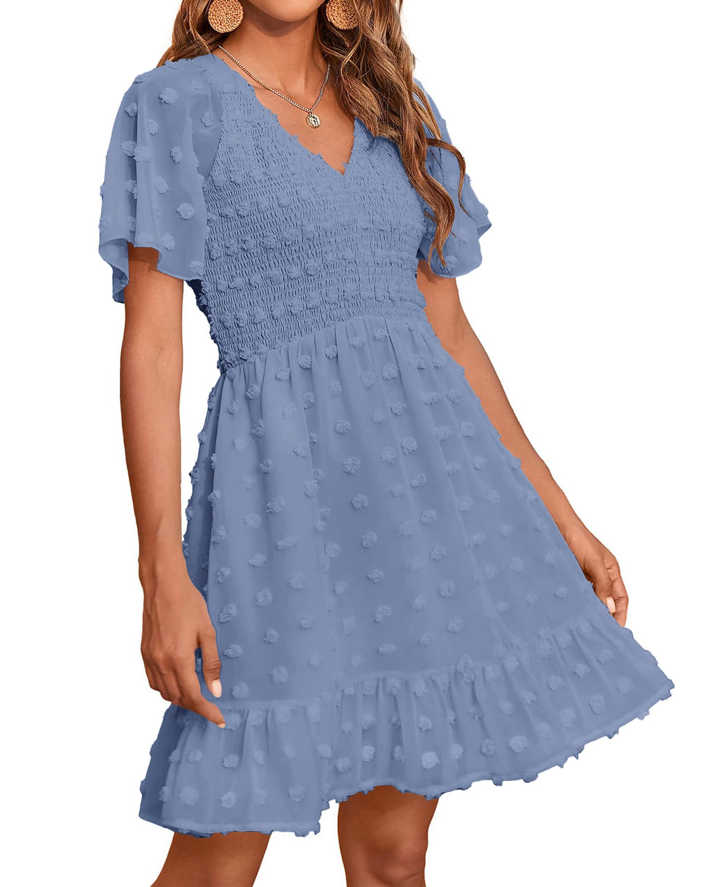 FreshPretty Womens Beach Vacation Dress Summer V Neck Short Sleeve Smocked Swiss Dot Cute Ruffle Casual Fall Mini Dresses