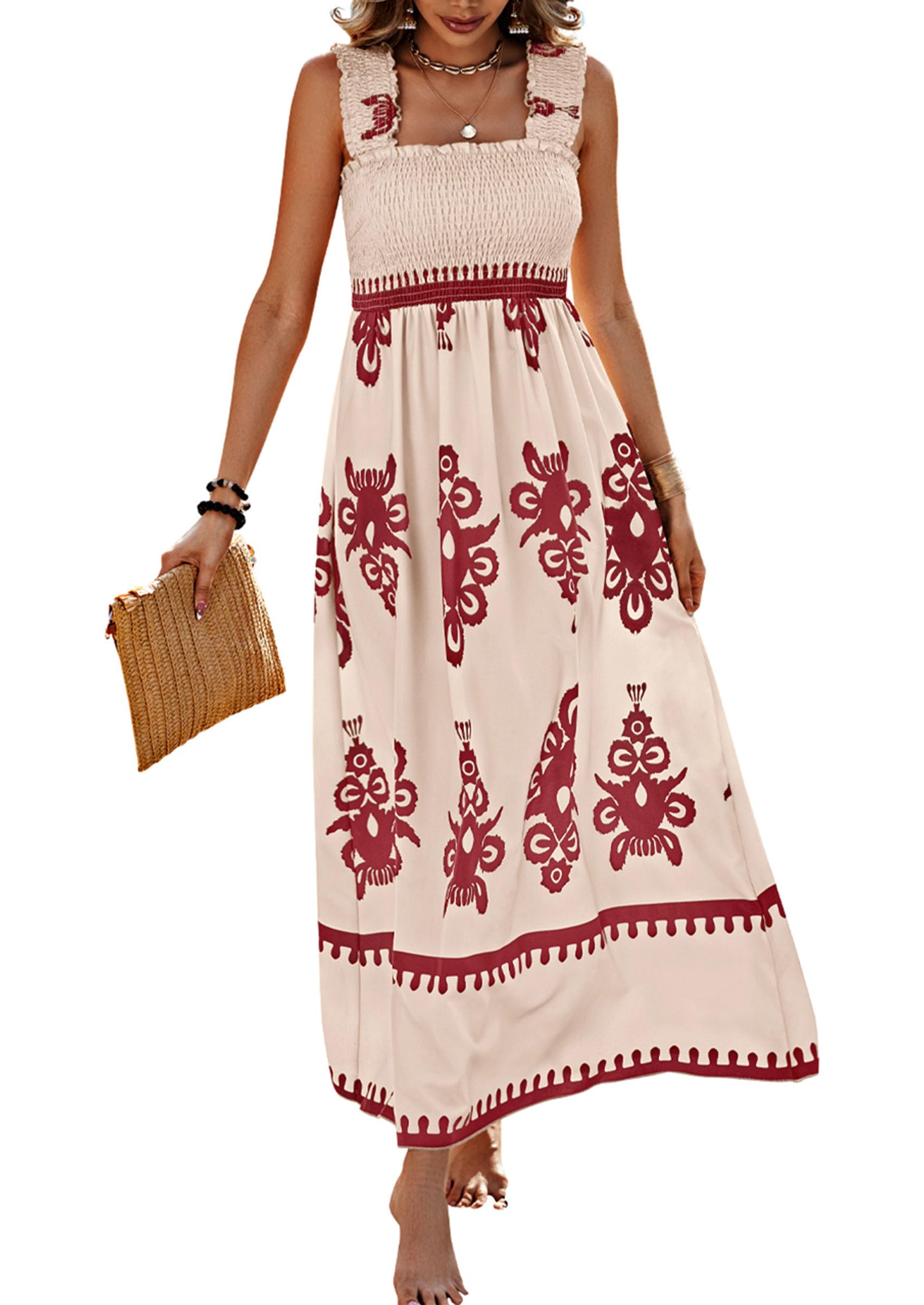 PRETTYGARDEN Womens Summer Boho Maxi Dress Casual Sleeveless Square Neck Floral Aline Smocked Beach Dresses with Pockets