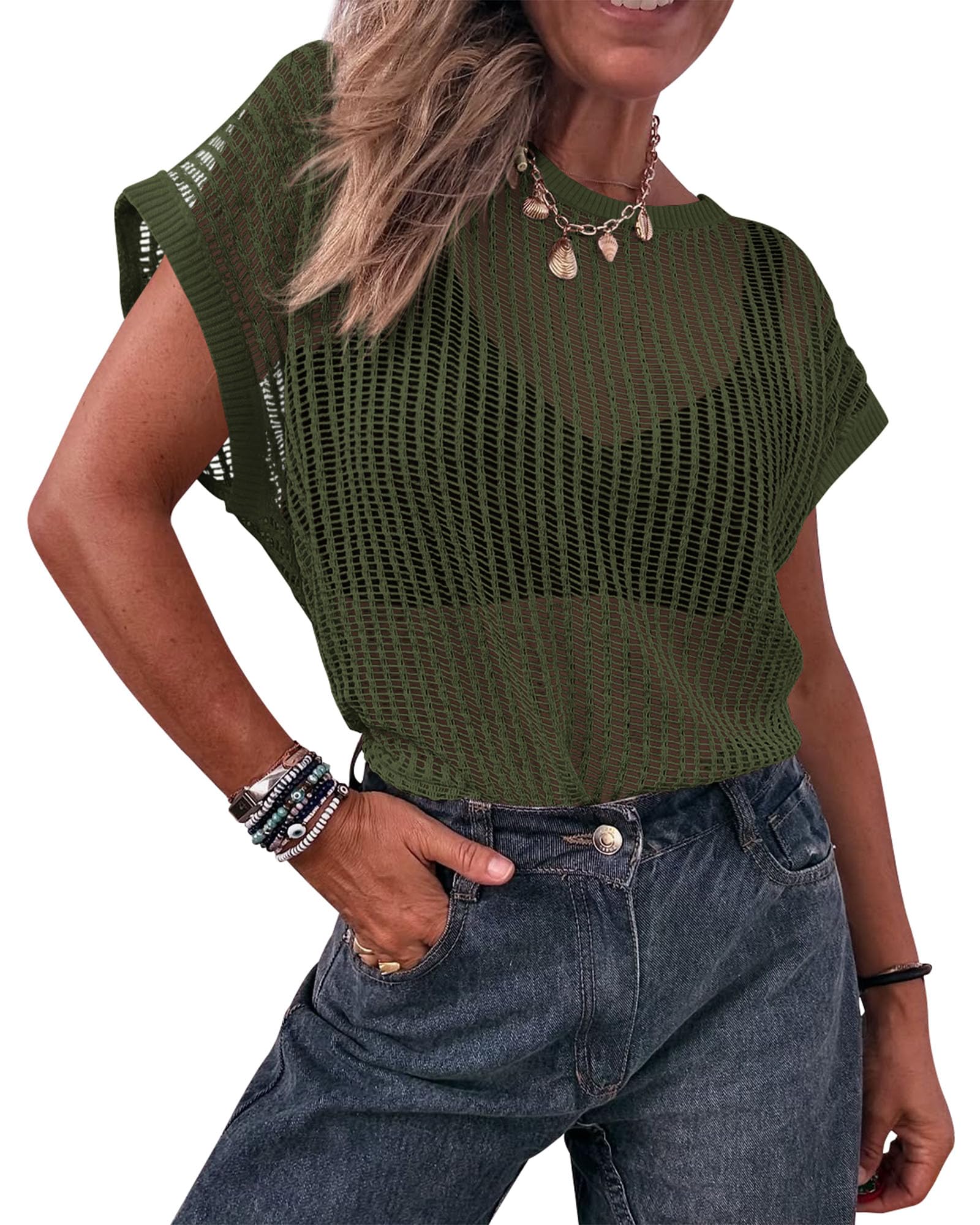 FreshPretty Beach Cover Ups for Women Crochet Mesh Top Boho Lightweight Summer Sweater Cruise Resort Wear Vacation Outfits