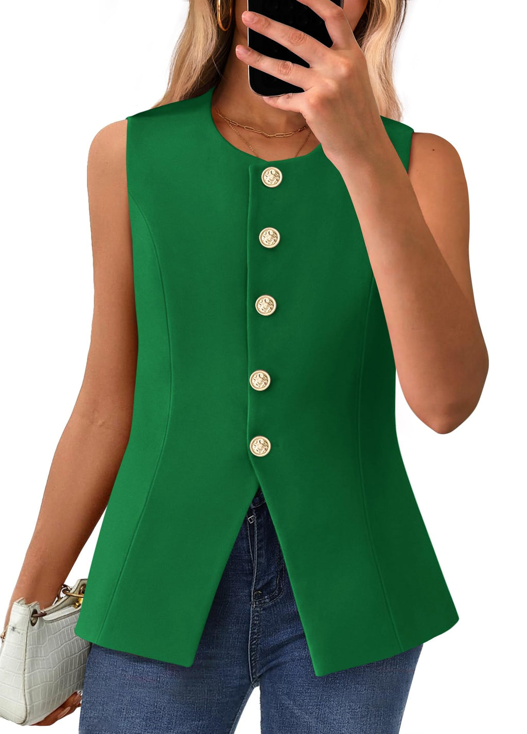 BTFBM Summer Sleeveless Blazer Vest For Women Dressy Button Down Round Neck Business Casual Outfits Work Suit Vests Tops