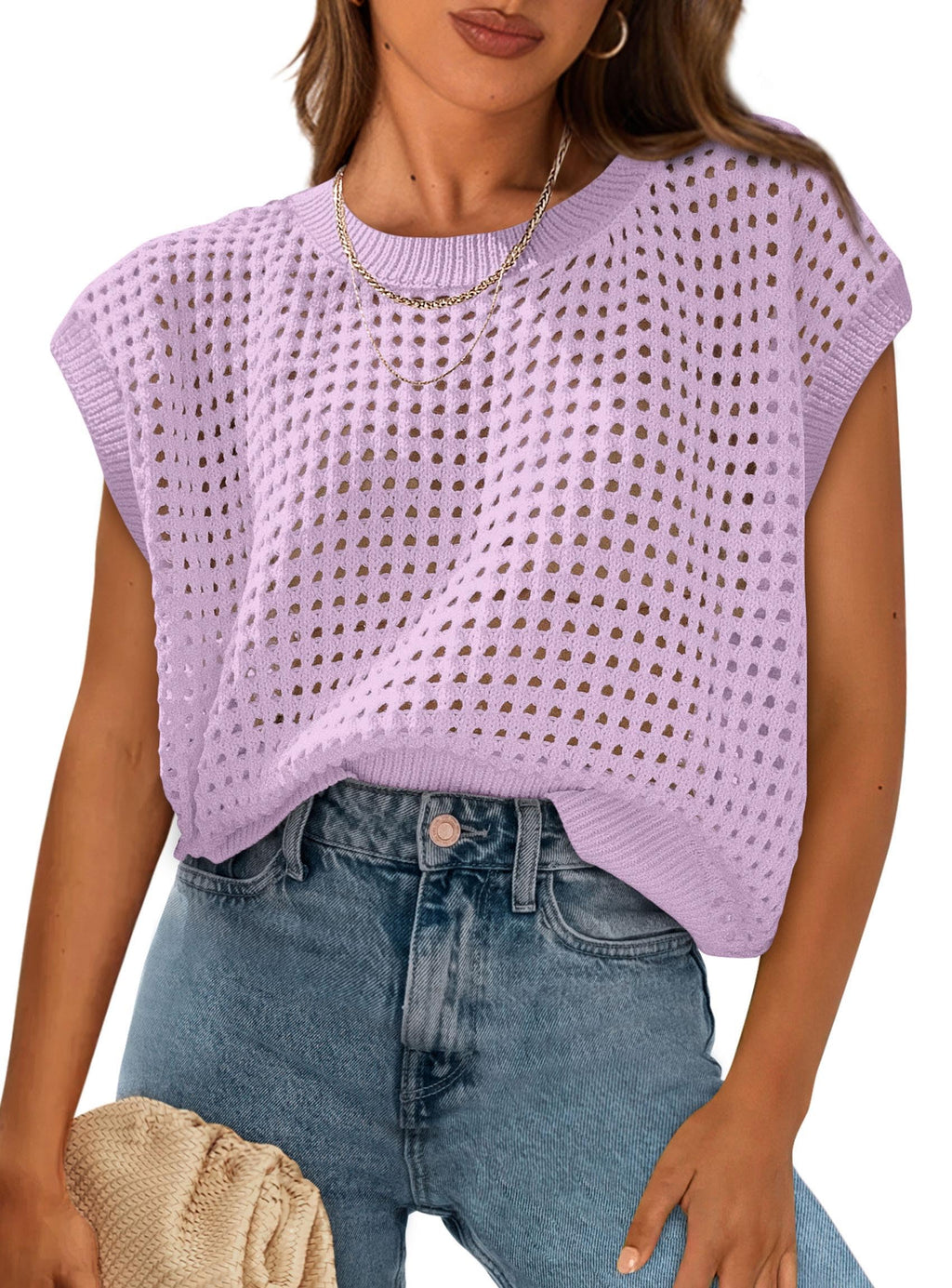 PRETTYGARDEN Womens Spring Tops Summer Shirts Crochet Cap Sleeve Sweater Pullover Cute Beach Vacation Clothes