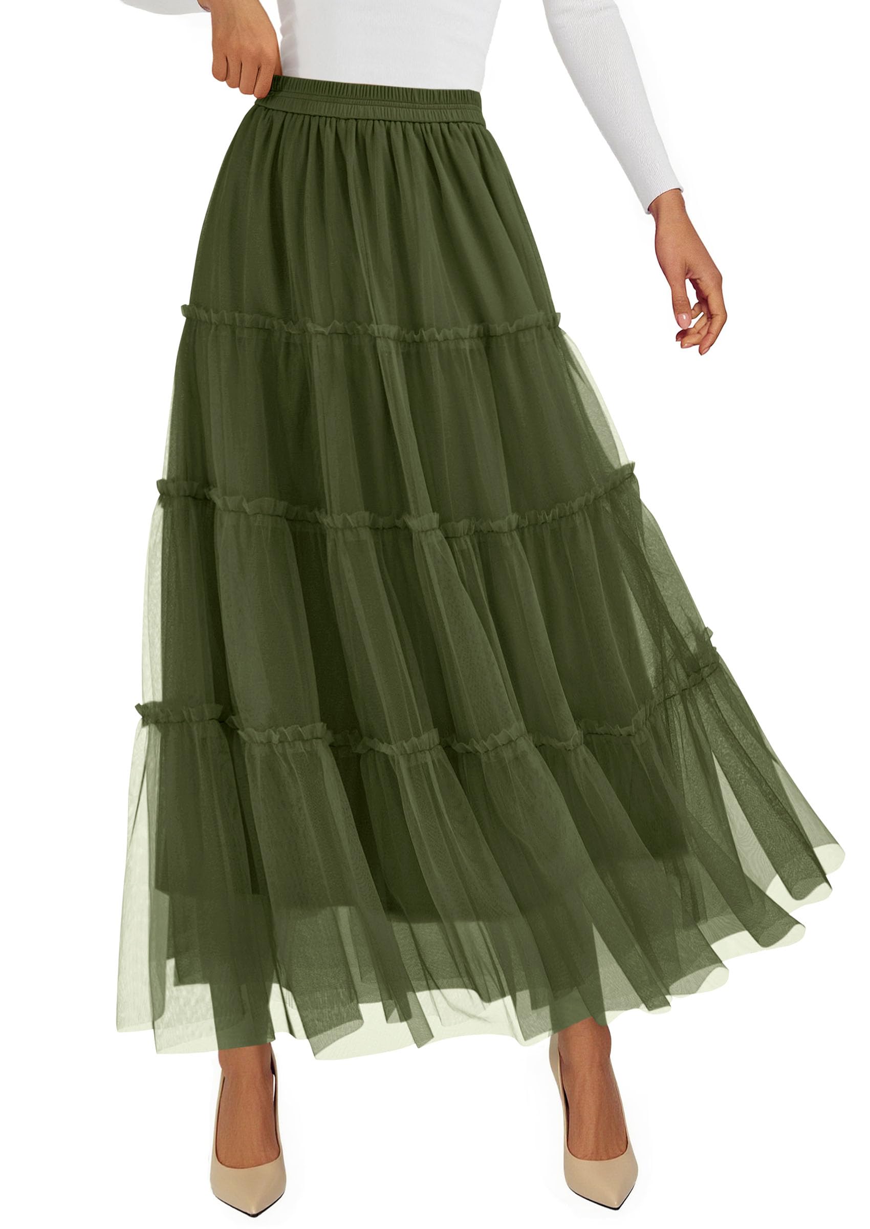 PRETTYGARDEN Tulle Skirts for Women Fall Fashion Elastic High Waisted Fairy Tiered Flowy A-Line Casual Maxi Long Skirt