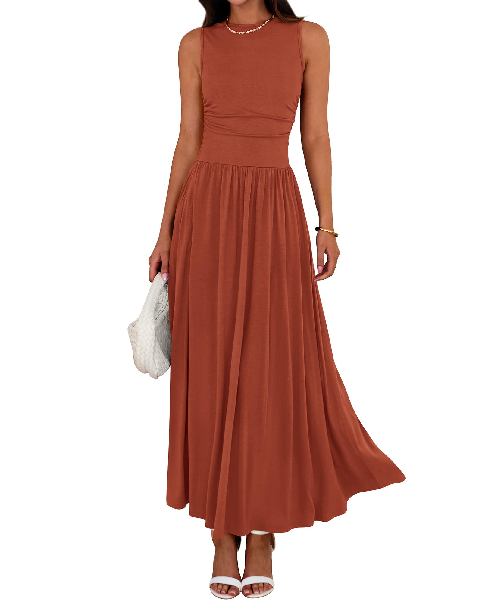 BTFBM Summer Maxi Dresses for Women Spring Sleeveless Casual Ruched High Waisted Long Sundress Flowy Beach Dress