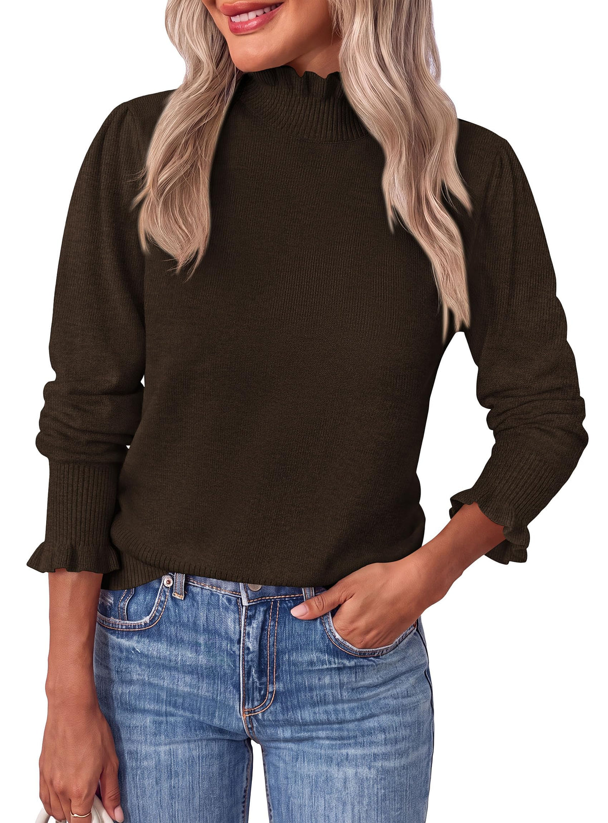 PRETTYGARDEN Women's Fall Cozy Sweaters Trendy Ruffle Mock Neck Pullover Soft Stretchy Warm, Ribbed Knit, Cute Tops, Puff Long Sleeve Blouses, Dressy Casual Shirts,Winter Clothing