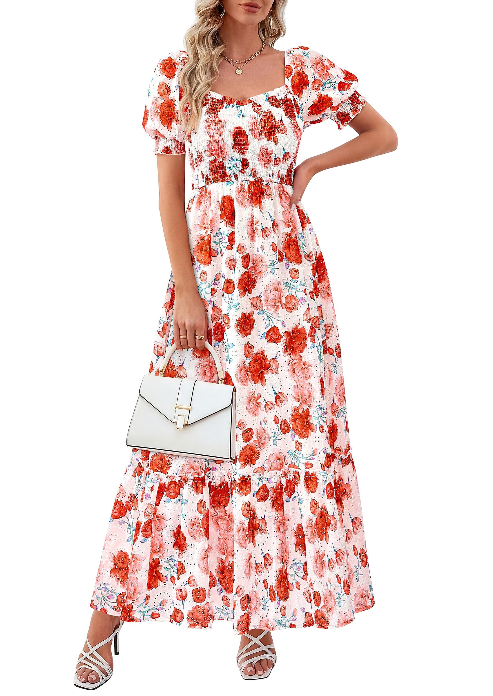 PRETTYGARDEN Women's Floral Boho Maxi Dresses Flowy Short Sleeve A Line Smocked Eyelet Summer Beach Vacation Clothes