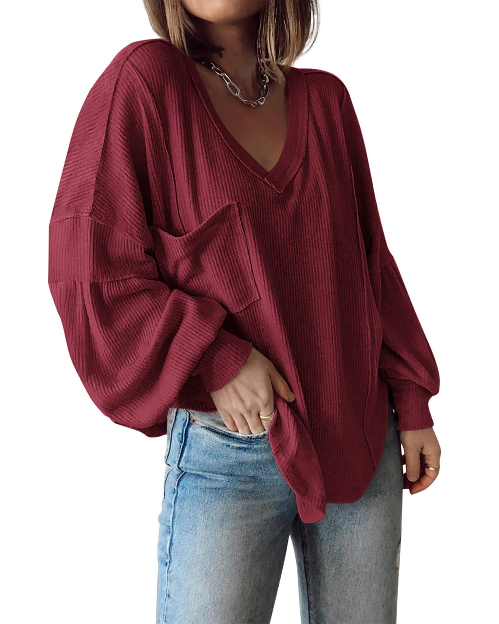 FreshPretty Womens Fall Fashion Long Sleeve Shirts Casual V Neck Ribbed Knit Blouses Pullover Trendy Loose Fit Tunic Tops