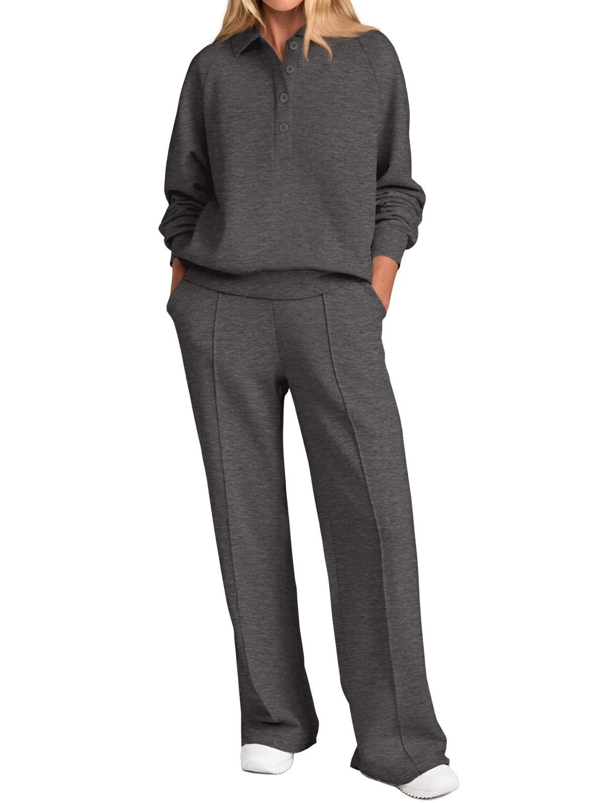 PRETTYGARDEN Women Fall 2 Piece Outfits Sweatsuits Lounge Sets Quarter Button Long Sleeve Sweatshirt, Wide Leg Sweat Pants, Casual 2 Piece Sets Tracksuit, Airport Travel Outfits for Women