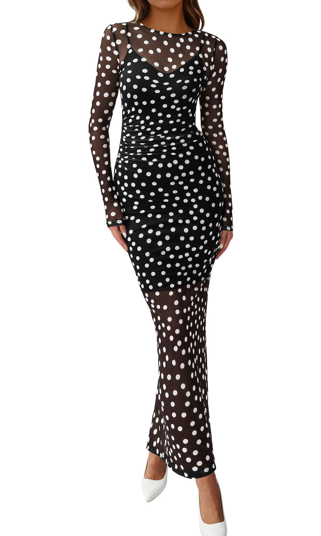 BTFBM Spring Dresses for Women 2 Piece Set Long Sleeve Polka Dot Sexy Bodycon Mesh Dress and Slip Dress Wedding