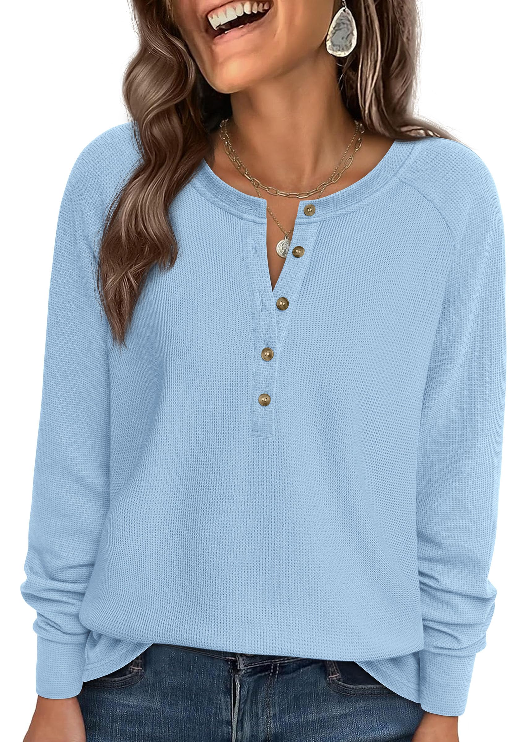 PRETTYGARDEN Women's Long Sleeve Waffle Knit Shirts Fall Casual Button Up Henley V Neck Tunic Tops Loose Fit Basic Tees