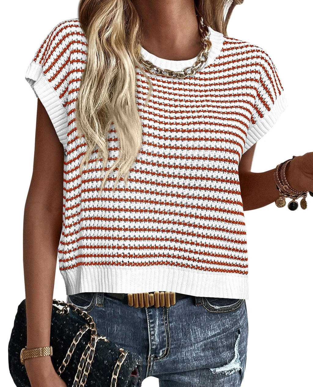 PRETTYGARDEN Womens Short Sleeve Sweater Spring Summer Round Neck Striped Pullover Cap Sleeve Knit Sweater Vest Tops