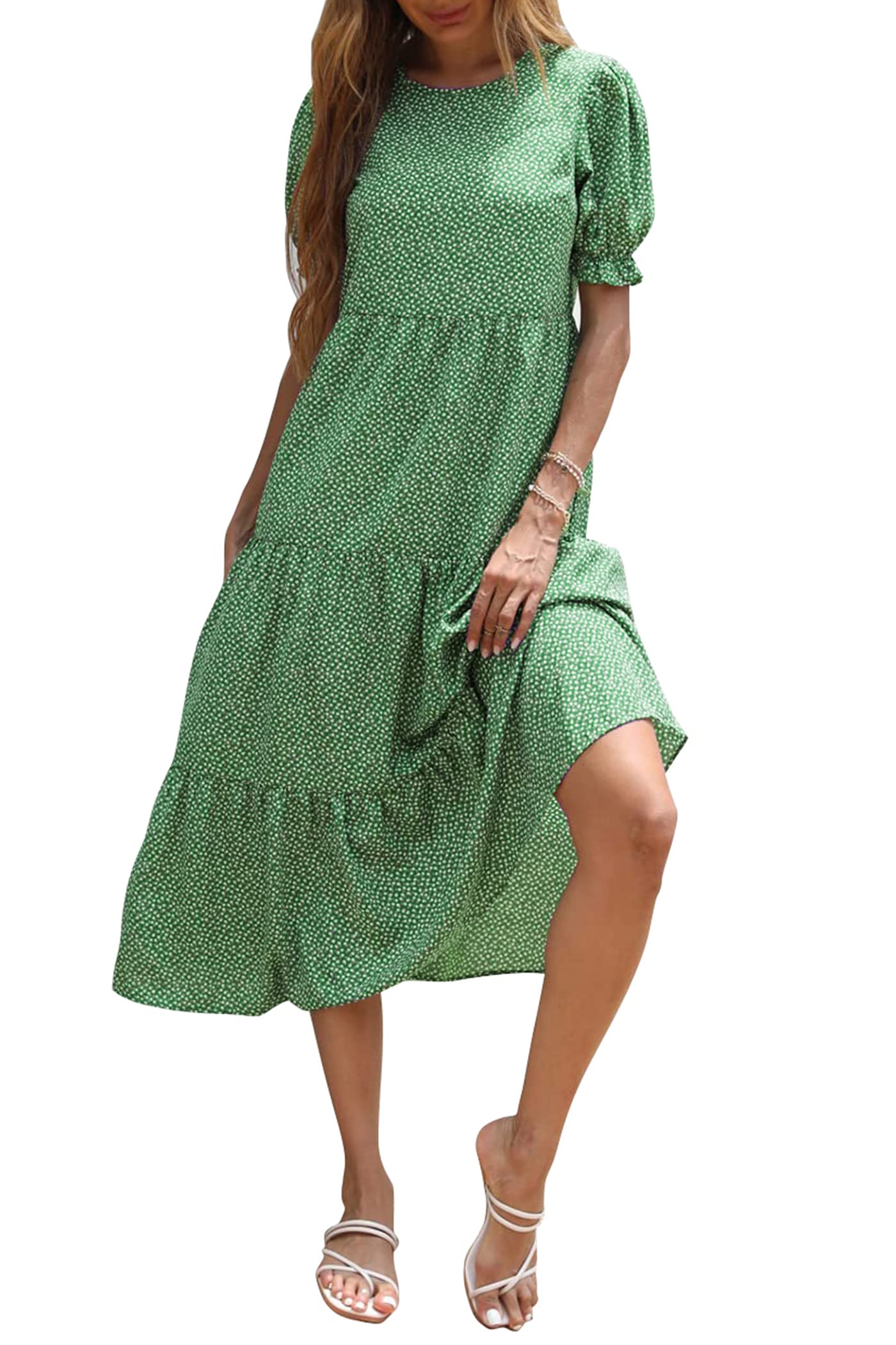 PRETTYGARDEN Summer Dresses for Women Casual Floral Boho Midi Sun Dress Puff Short Sleeve Flowy Beach Vacation Sundress