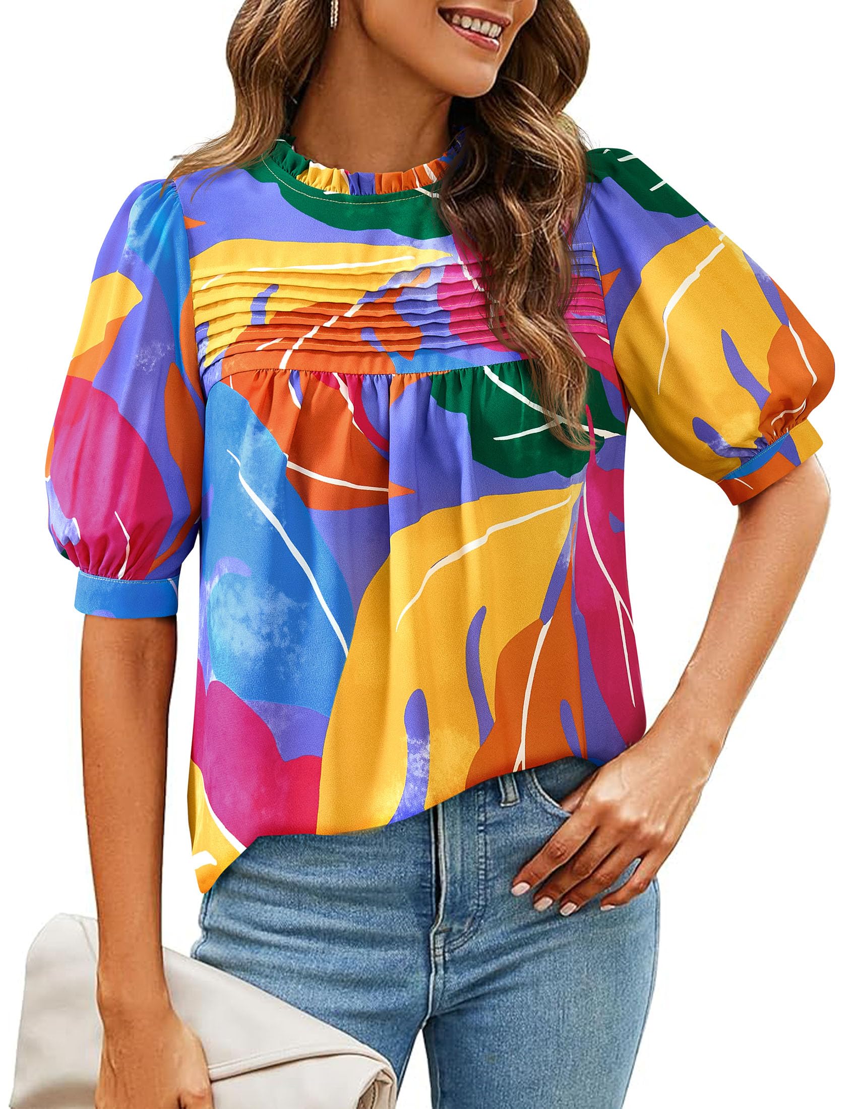 PRETTYGARDEN Floral Tops for Women Blouses Dressy Casual Summer Trendy Outfits Boho Pleated Short Sleeve Shirts
