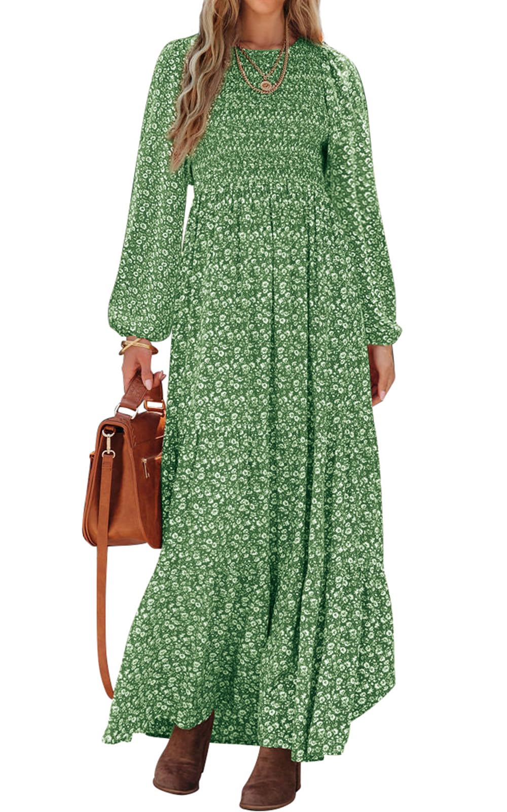 PRETTYGARDEN Women's Fall Dresses Long Sleeve Flowy Casual Floral Maxi Dress Crew Neck Smocked Tiered Long Dress