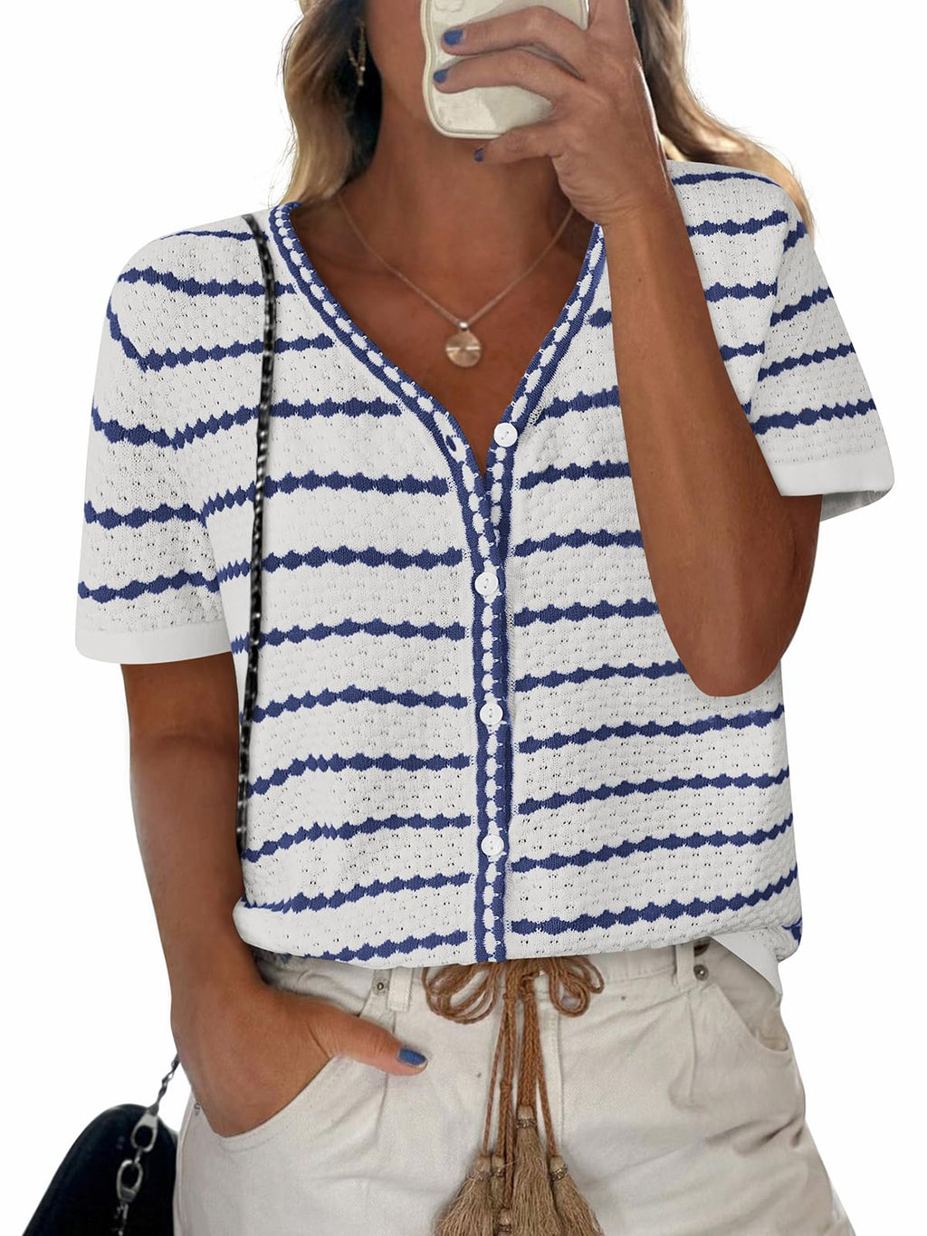 FreshPretty Women's Short Sleeve Sweater Spring Summer Crochet Knit Tops V Neck Striped Button Down Dressy Casual Blouses