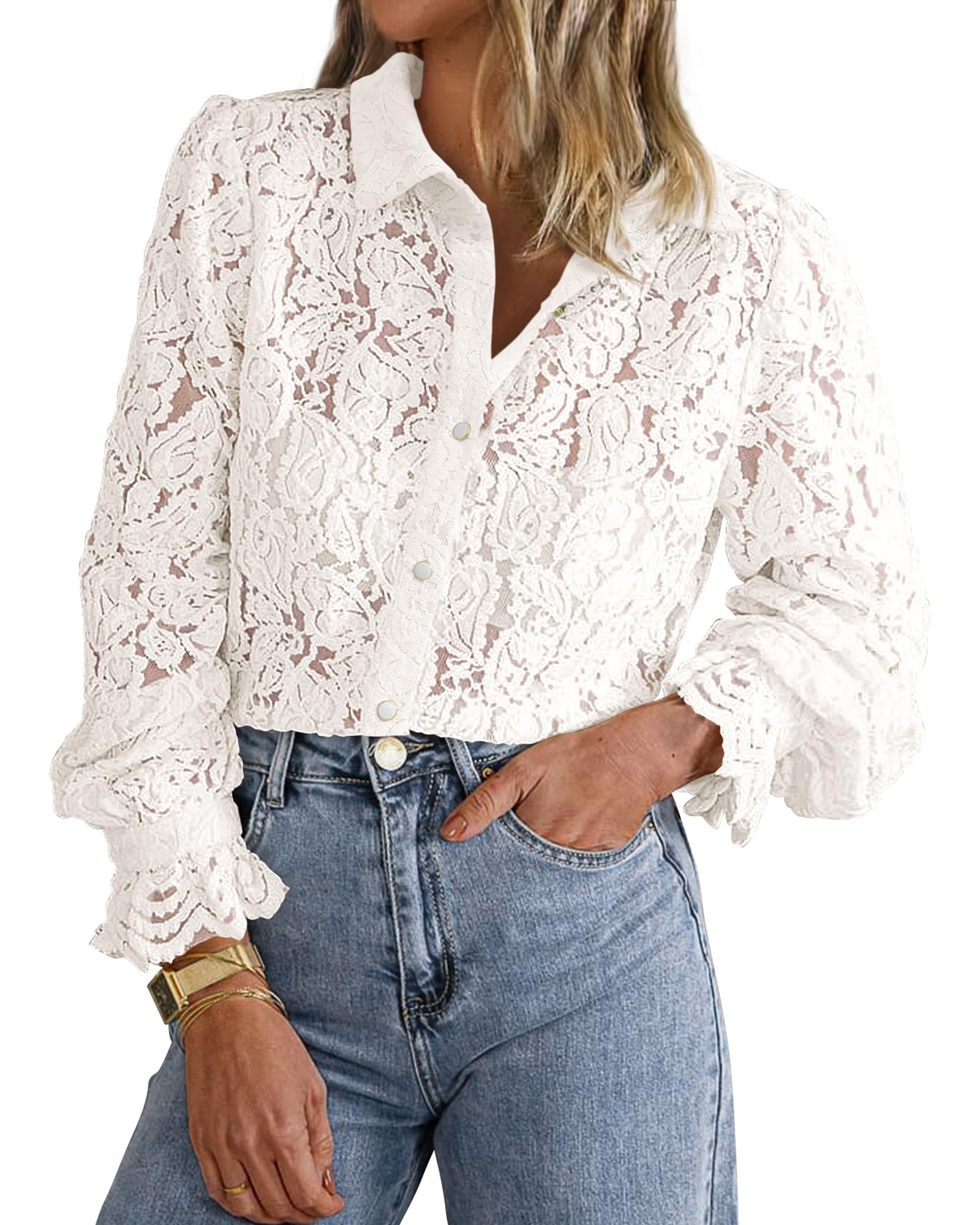 FreshPretty Long Sleeve Lace Blouses for Women Spring Dressy Casual Button Down Shirts Date Night Outfit Club Party Tops