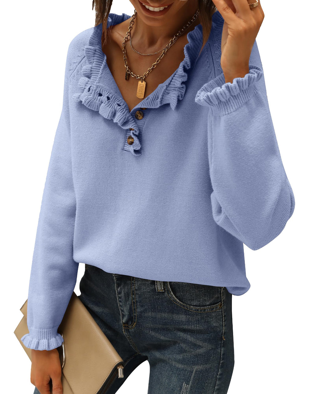 FreshPretty Womens Sweaters Fall Winter Clothes Long Sleeve Button Down Ruffle Crew Neck Casual Knitted Pullover Tops