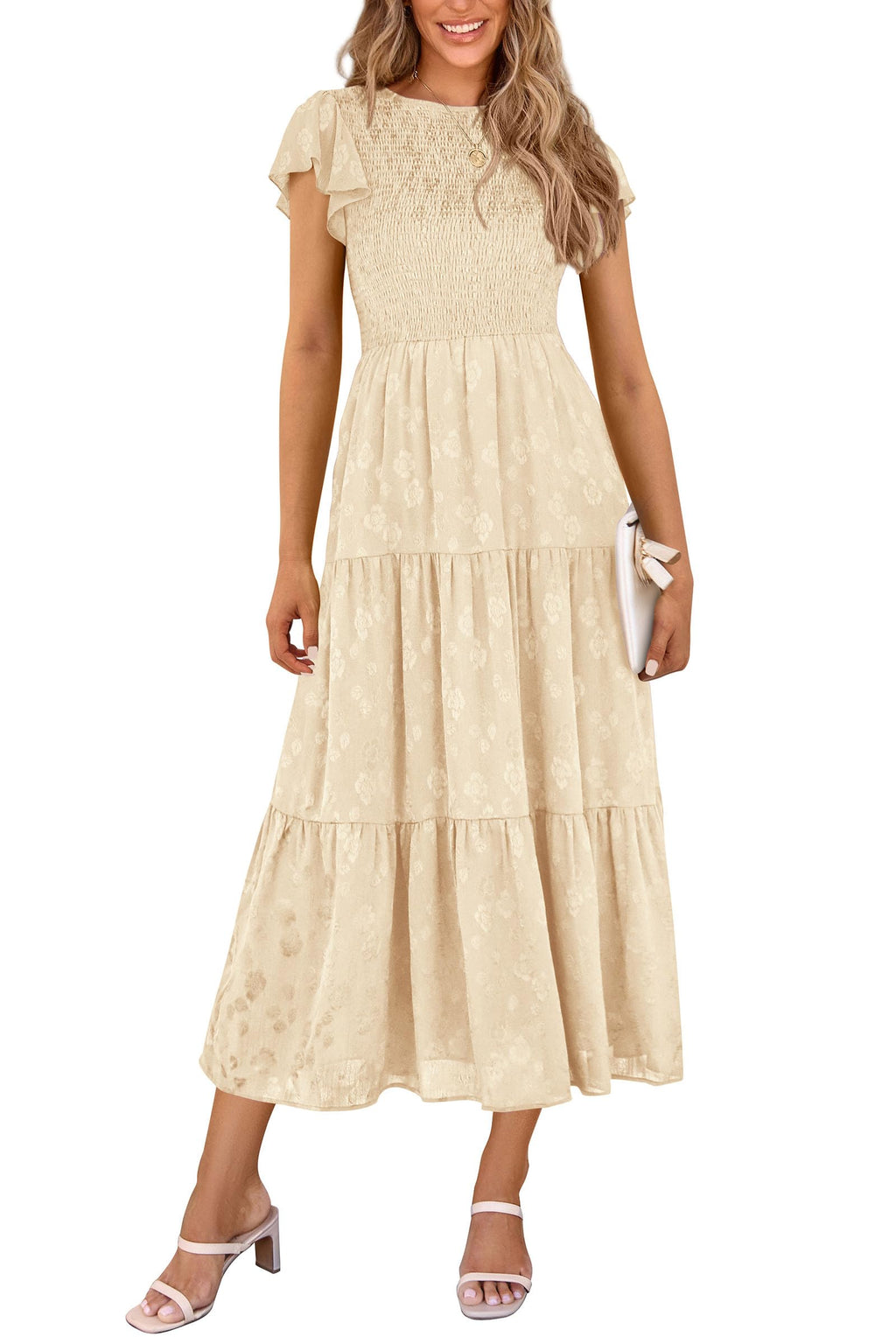 PRETTYGARDEN Wedding Guest Dresses for Women Summer Floral Cap Sleeve Smocked A Line Long Elegant Party Boho Dress